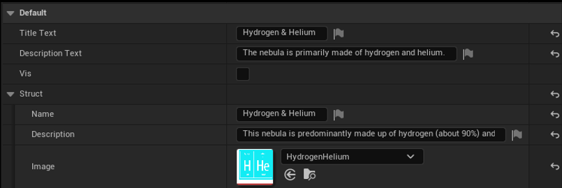 Each UI child inherits parameters from the parents including the customisation of Title and Description for the in-world brief descriptions as well as Title, Description and an Image for the logbook. These are all exposed in editor for efficient iteration and implementation. The logbook accesses this information from the player pawn blueprint